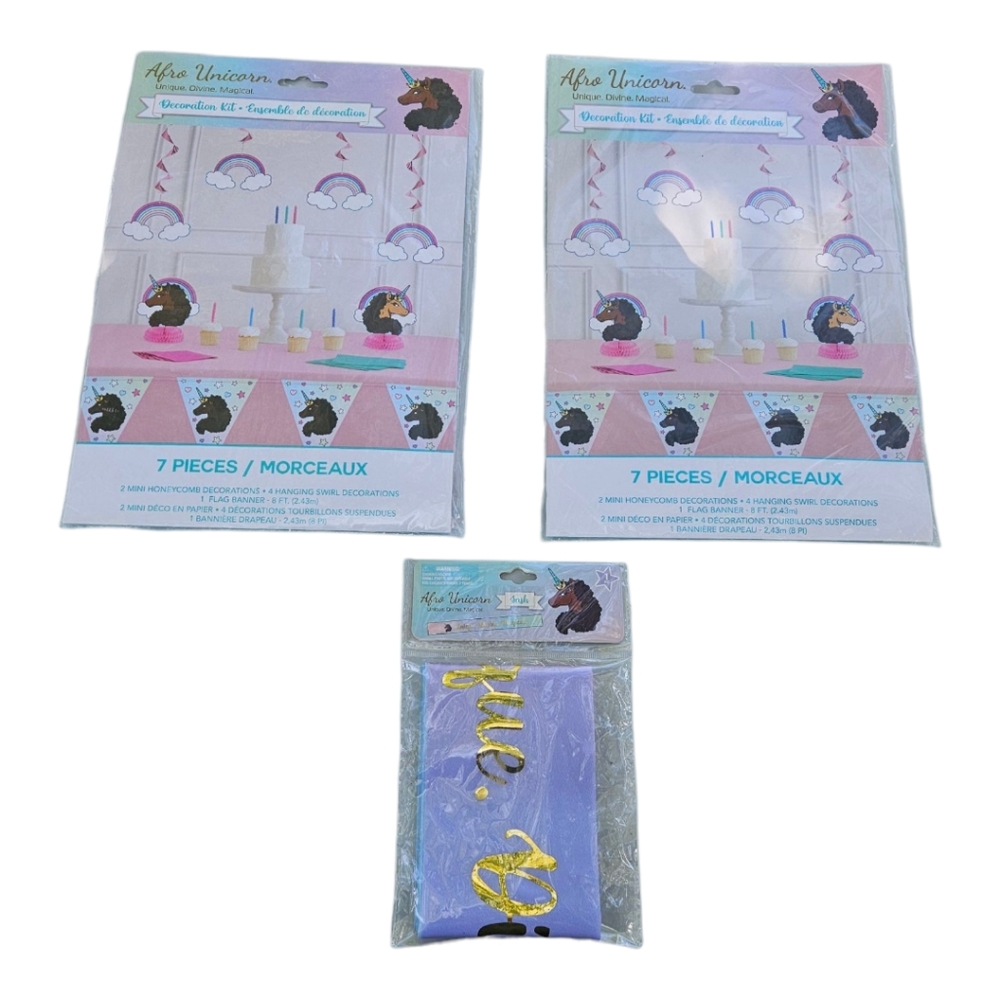 Afro Unicorn Party Decorating Kit & Birthday Sash Girls Kid Celebration Supplies